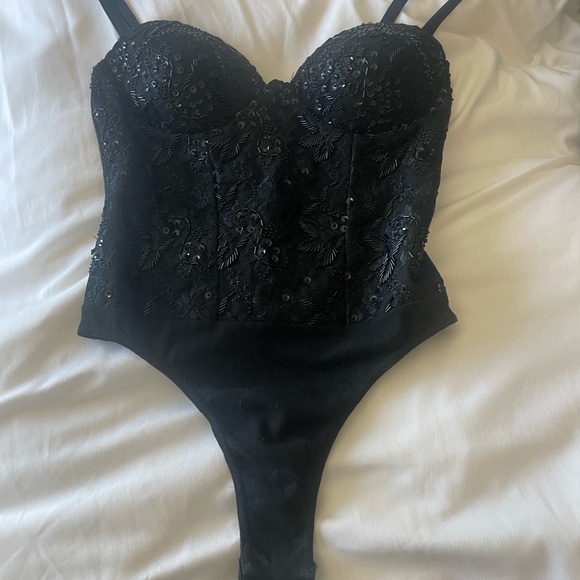 Vintage Tops - Vintage CONTEMPO CASUALS Black Beaded Bustier Bodysuit